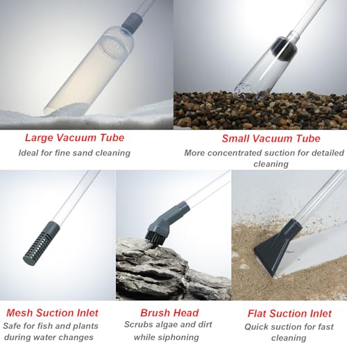 Aquarium Siphon Vacuum Kit with Turkey Baster, Fish Net for Tank Cleaning | Dual Vacuum Tubes; Brush Head; Gravel & Sand Cleaning; Water Change; Debris Removal; Flow Control Valve