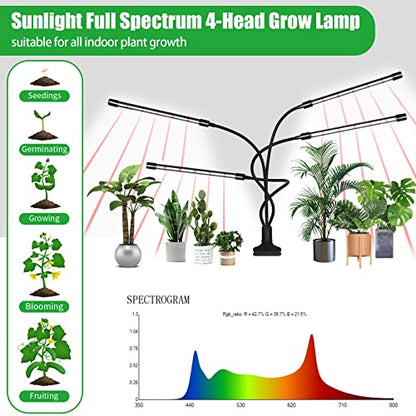RWNTAO Grow Lights for Indoor Plants,168 LEDs Clip Plant Lights, Full Spectrum LED Plant Growing Lamps with Flexible Gooseneck, 3/9/12H Timer, 3 Spectral Modes, 10 Dimmable Levels, 4 Head - size: 4 Head 1 Pack