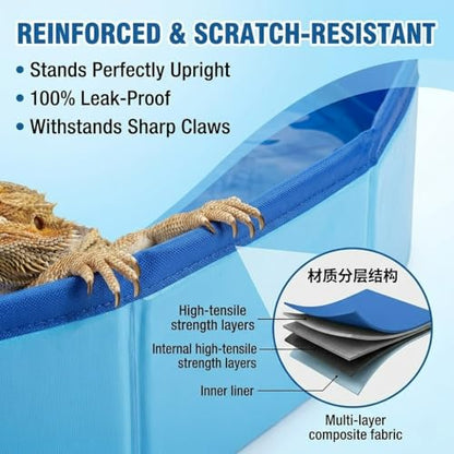 Trynellis Large Electric Bearded Dragon Pool with U-Shaped Shower - 19.7" Foldable Bearded Dragon Bathtub & Automatic Water Dispenser - Anti-Leak, Swimming Bath Accessories for Lizards & Turtles