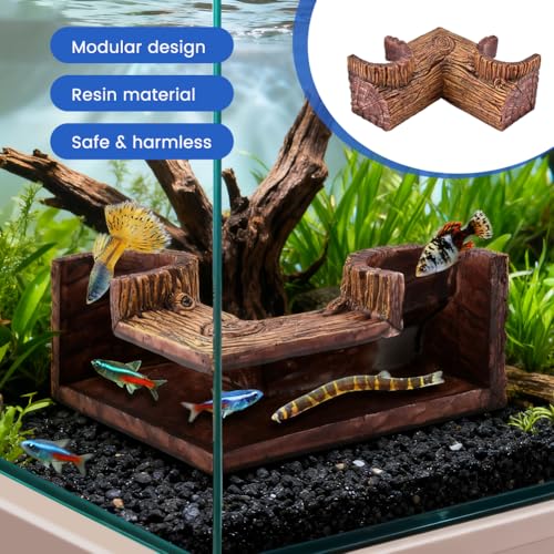 Aquarium Cave, Natural-Looking Wood-Like Fish Tank Cave for Corners, 5.1” x 2” x 2.6” Tunnel Cave & Hideout for Aquarium Guppy, Corydoras Catfish, Bettas Hide
