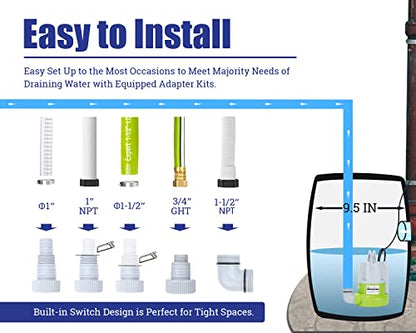 Green Expert 1/3HP Submersible Sump Pump with Water Sensor Switch, Low Water Last-Inch Drain Pump, 2000GPH Automatic/Manual Water Removal for Flooded Basement, Garage, Hot Tub Easy to Use Backup Pump