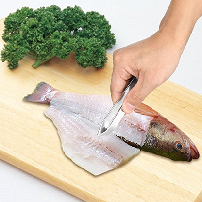 4 Pieces Fish Bone Tweezers Set, Two 4.6" Stainless Steel Tweezer and Two 5.5" Tongs for Cooking Food Design styling.