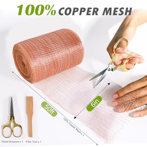 6" x 50 ft Copper Mesh Rodent Control Copper Wool for Slug Mice Snail Pest | Copper Mesh for Mice Pest Snail Bat Control Copper Steel Wool for Weep Hole Covers Blocks Gap Rodent Mesh Scissors Included - size: 6 inx50 ft