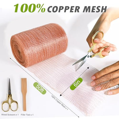 6" x 50 ft Copper Mesh Rodent Control Copper Wool for Slug Mice Snail Pest | Copper Mesh for Mice Pest Snail Bat Control Copper Steel Wool for Weep Hole Covers Blocks Gap Rodent Mesh Scissors Included - size: 6 inx50 ft