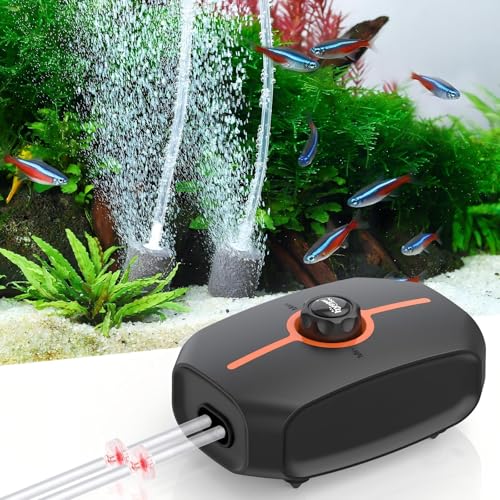 hygger Powerful Aquarium Air Pump, 3.5W/4.5W Ultra Quiet Fish Tank Air Pump Dual Outlet, Adjustable Oxygen Aerator Pump with Air Stone, Aquarium Bubbler for Fish Tank Up to 100-200 Gallon - size: M-(Up to 100 Gallon)