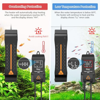 hygger Aquarium Heater 300W 500W 800W 1000W 1200W, Large Adjustable Fish Tank Heater with Intelligent Automatic Power-Off System, Water Heater with LED Digital Display, for Saltwater and Freshwater - size: 500W for 66-135 Gallon