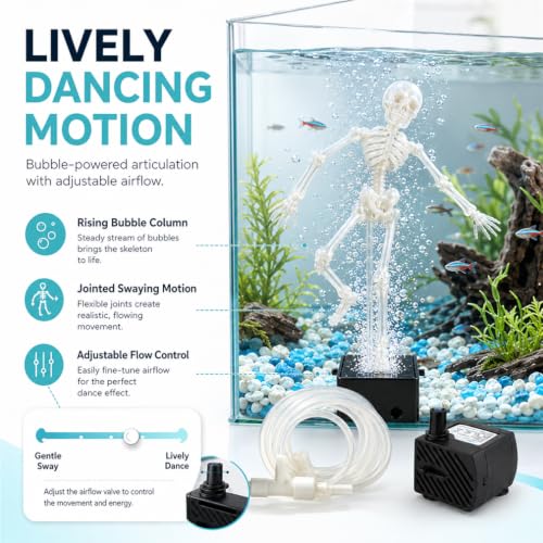 Dancing Skeleton Aquarium Bubbler with Quiet Air Pump, Complete Fish Tank Bubbler Decorations Kit, Adjustable 3D Printed Skeleton Fish Decor for Family-Use，Without Pump