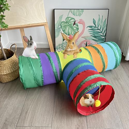 3-Way Collapsible Cat Tunnel Tube Toy Rainbow T-Shape | Interactive Play Tunnel with Hanging Ball & Peek Hole for Indoor Cats, Kittens, Puppies & Rabbits | Hours of Fun & Exercise - color: Rainbow T