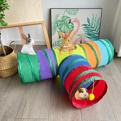 3-Way Collapsible Cat Tunnel Tube Toy Rainbow T-Shape | Interactive Play Tunnel with Hanging Ball & Peek Hole for Indoor Cats, Kittens, Puppies & Rabbits | Hours of Fun & Exercise - color: Rainbow T