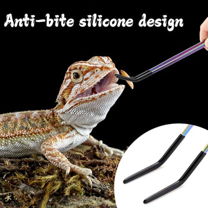 2PCS Stainless Steel Reptile Feeding Tongs with Rubber Tip, 10.6" Straight & Curved Long Tweezers, Perfect for Aquariums & Crafts - Ideal Bearded Dragon & Snake Tank Accessories, Terrarium Supplies