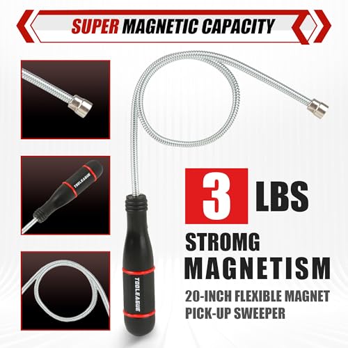 TOOLEAGUE 7Pcs Telescoping Magnetic Pickup Tool Set | Extendable LED Flashlight,Round & Square 360° Inspection Mirror for Men Mechanics, and Handymen, Red