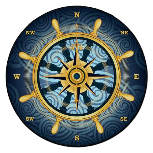 keepcute 6 ft Round Compass Rose Area Rug Nautical Non Slip Floor Mat - color: Gold Compass Rose, size: 6' (Round)