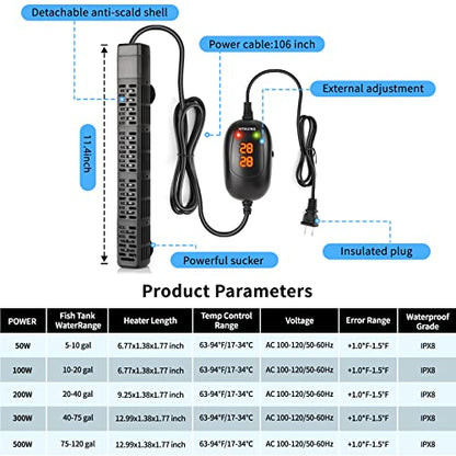 HiTauing Aquarium Heater, 50W/100W/200W/300W/500W Submersible Fish Tank Heater with Over-Temperature Protection and Automatic Power-Off When Leaving Water for Saltwater and Freshwater - size: 300W