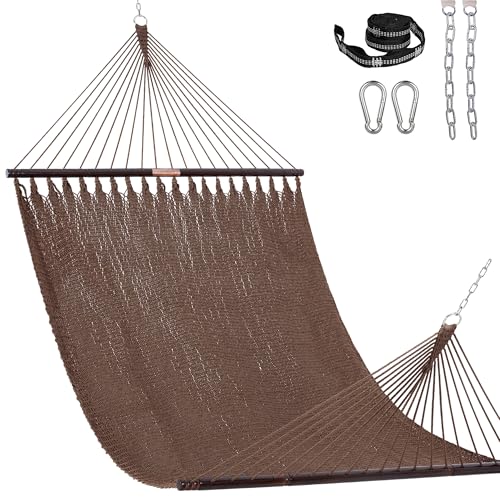 Lazy Daze Hammocks 13 FT Extra Large 2+ Person Caribbean Rope Hammock, Hand Woven Polyester XL Hammock with Spreader Bars, for Outside Outdoor Backyard Patio Poolside, 500 LBS Capacity, Brown - color: Brown