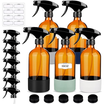 ZENOWICK 5 Pack/16 Oz Glass Spray Bottles, Refillable Empty Containers | Containers with Silicone Sleeve, Upgraded Adjustable Nozzle Spray Bottle Sets for Cleaning, Essential Oils, Hair (Amber) - size: 5 Pack
