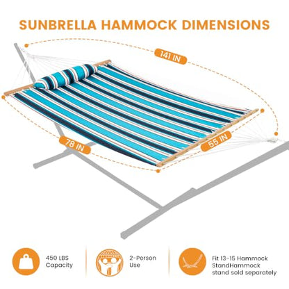 Lazy Daze 12 FT Sunbrella Fabric Hammock, Non-Fading Double Outdoor Hammock | 2 Person Hammock with Pillow, Straps, Carabiners , All Weather Fade Resistant for Outside, Token Surfside - color: Token Surfside