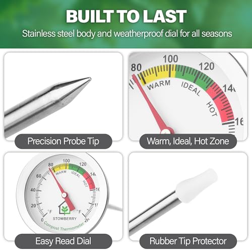 Compost Thermometer 20 Inch – Stainless Steel Soil Temperature Gauge with 2 Inch Dial – Long Probe Thermometer for Garden, Backyard, and Home Composting