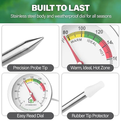 Compost Thermometer 20 Inch – Stainless Steel Soil Temperature Gauge with 2 Inch Dial – Long Probe Thermometer for Garden, Backyard, and Home Composting