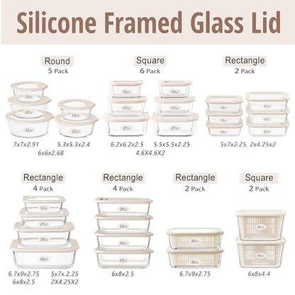 Glass Food Storage Containers with Glass Lids, Microwave Safe Food Container Set, Aitight Meal Prep Container Set, BPA Free, 2 extra Colanders, LeakProof, 2 Pack of 60oz - color: Ivory White- 2RT