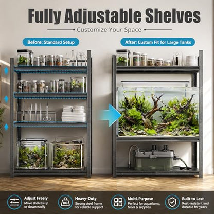 Aquarium Stand 1600 LBS Fish Tank Stand Heavy Duty Adjustable Shelving | Heavy duty metal storage shelves for turtle tanks, reptile terrariums and pet supplies with adjustable tier organization - size: 5-TIER 72"H×35.4"W×15.7"D