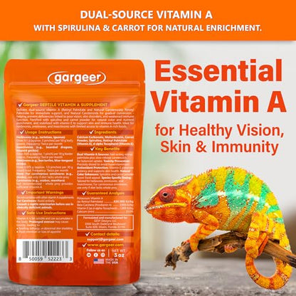 3oz Reptiles Vitamin A Supplement. Skin & Vision Support, USA Made | Balanced Vitamin A dust with carrot, spirulina & Vitamin E. Safe twice-monthly powder coats salads, fruits & insects