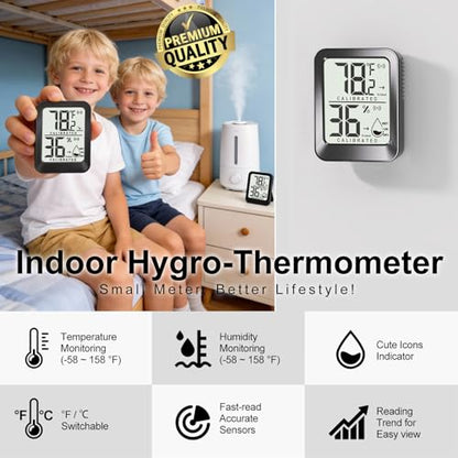 AyayaBoss 4 Pack Room Thermometer Indoor Hygrometer | Mini Size, Monitor Temperature & Humidity, Accurate Fast Read, Easy To View, Kickstand/Hanging/Wall Adhesive, ℉/℃, w/ Battery