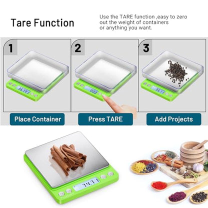 Fuzion Digital Scale .01 Gram Accuracy, 500g Small Kitchen Food Scales | 2 Trays Included for Jewelry, Gold, Herb, Powder, Spice, Coffee, Coin - Weight Gram and Oz - color: Green