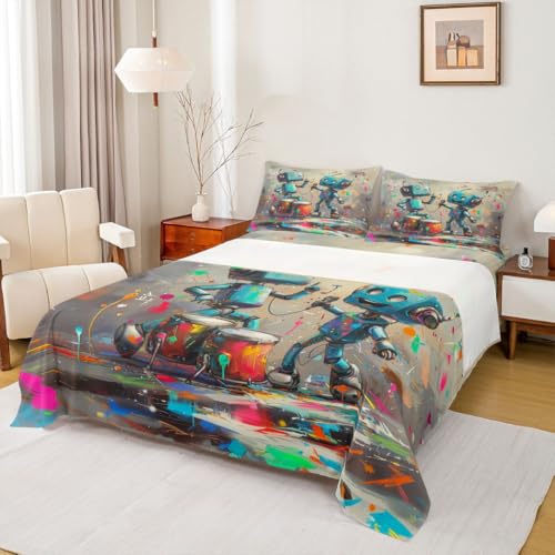 Erosebridal Cartoon Robot Sheet Set Colorful Graffiti Bed Sheets Set Twin Size,Blue Robots Sheets for Kids Boys Teen Girls Modern Equipment Top Sheet - color: Blue Grey, size: Twin