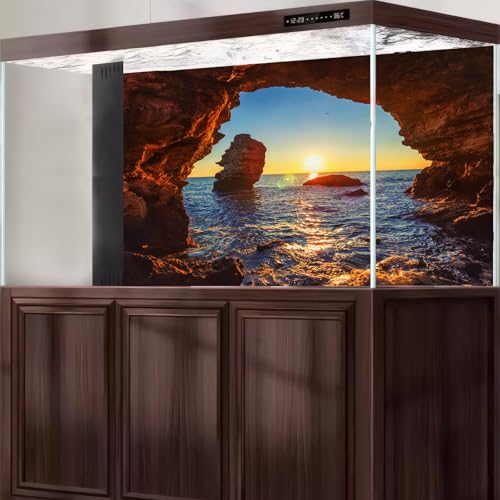 Ocean Rock Cave Aquarium Background Sunrise Ocean Beach Seaside Fish Tank Background Tropical Sunset Seashore Blue Sky Terrarium Backgrounds Stunning Seascape Reptile Tank Backgrounds 24x12in - color: Light Blue, size: 24(W)x12(H)in