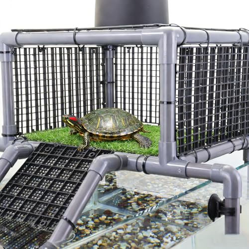 Elevated Turtle Basking Platform Above Tank, Turtle Topper Dock with Non-Slip Ramp and Grass, Extra Large Loft for 18-20” Wide 75/90/125 Gal (Grey/Black) - size: Extra Large (fits 18‑20 inch wide turtle tanks)