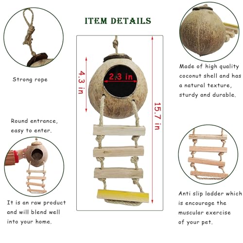 kathson Lizard Coco Den with Ladder, Reptile Hideouts Gecko Coconut Husk Hut with Artificial Bendable Jungle Climbing Vines for Chameleon, Lizards, Gecko, Snakes