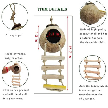 kathson Lizard Coco Den with Ladder, Reptile Hideouts Gecko Coconut Husk Hut with Artificial Bendable Jungle Climbing Vines for Chameleon, Lizards, Gecko, Snakes