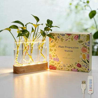 Plant Propagation Station with LED Grow Light, Wooden Stand & 4 Glass Tubes | For Hydroponic Plants, 3 Lighting Modes and 9 Brightness Levels; Desktop Plant Decor and Gift for Plant Lovers