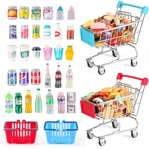 134pcs Mini Shopping Cart Basket Miniature Food Drink Bottle Supermarket Metal Handcart Toys Doll House Store Cosplay Game Dollhouse Grocery Fruit Cake Bread Party Trolley Model Dollar Bills - style: Shopping Cart