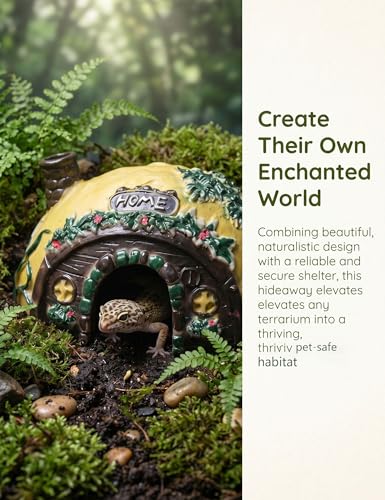Toad House Resin Reptile Hideout Cave for Frogs Snakes | Yellow and brown half ellipsoid rock, durable habitat decor for garden indoor pet tanks, easy to clean open bottom shell