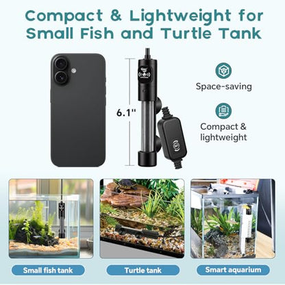 hygger Submersible Aquarium Heater, Small Adjustable Fish Tank Heater with 2 Suction Cups, Temperature Controller, Over-Temperature Off-Water Protection for Saltwater Freshwater (25W, 2-5 Gallon) - size: 25W, 2-5 Gallon