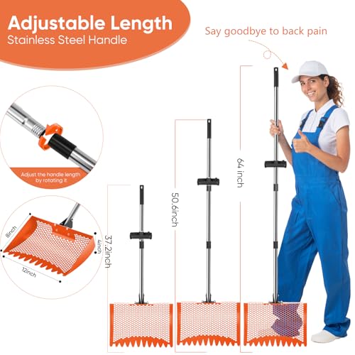 12inch Chicken Poop Scooper & Rake 2-in-1 with Adjustable Handle | Heavy Duty Metal Chicken Coop Scoop for Sand, Adjustable Angle Stainless Steel Chicken Coop Rake Sifting Shovel 37-64",Orange - color: Orange