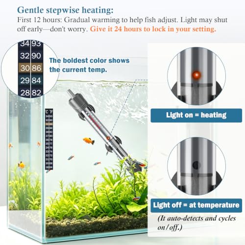 HITOP 50W Adjustable Aquarium Heater, Submersible Fish Tank Heater Thermostat with Suction Cups for 6-15Gal - size: 7in-50w