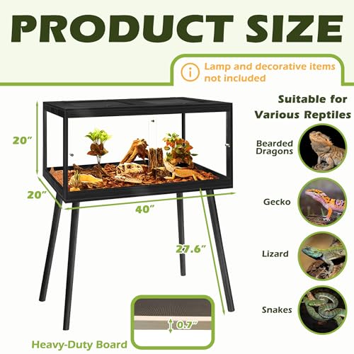 Bearded Dragon Tank with Leg Stand 62 Gallons, Acrylic Panel Lizard Tank, Reptile Tank with Metal Mesh Roof Door (Black, 40"x20"x20") - color: Black, size: 40"x20"x20"
