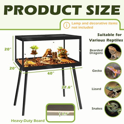 Bearded Dragon Tank with Leg Stand 62 Gallons, Acrylic Panel Lizard Tank, Reptile Tank with Metal Mesh Roof Door (Black, 40"x20"x20") - color: Black, size: 40"x20"x20"