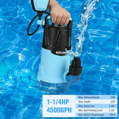 KITLUCK Submersible Water Pump, 1-1/4HP 4500GPH High Flow Sump Pump with Float Switch, 23ft Power Cord, Portable Utility Water Pump for Swimming Pool, Garden Pond, Flood Basement, Tub Water Removal - style: 1-1/4 Submersible Pump