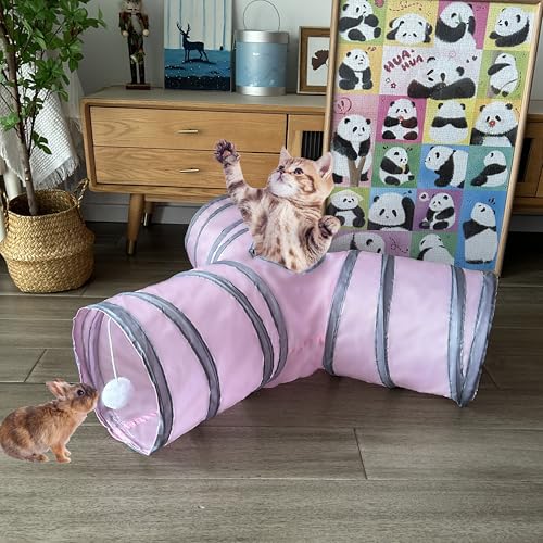 3-Way Collapsible Cat Tunnel Tube Toy Pink — Interactive Play Tunnel with Hanging Ball & Peek Hole for Indoor Cats, Kittens, Puppies & Rabbits | Hours of Fun & Exercise - color: Pink