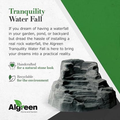 Algreen Rock Waterfall, Tranquility Pond Fountain, Gray | Heavy-Duty BPA-Free Polyethylene, 34x17x24 in, 0.75 in Fitting, Fish & Plant Safe, 9 lb
