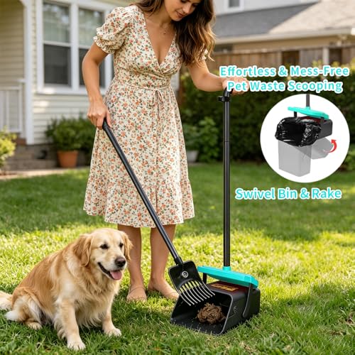 Pooper Scooper, 46" Long Handle Heavy Duty Picker-Upper, Swivel Bin Rake Kit with Bag Attachment, 100 Waste Bags for Small Large Dogs Puppy Poop Trash Litter Cleanup Yard Outdoor Pet Essentials - color: Gray & Turquoise Blue