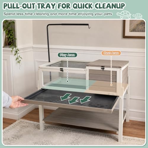 Large Tortoise Habitat with Adjustable Lamp Stand & Storage Shelf, Wooden Tortoise Enclosure with Viewing Window, Pull-Out Tray, 2-Room Reptile Turtle Enclosure House Indoor & Outdoor, Grey - size: 40.4"L x 23"W x 32"H