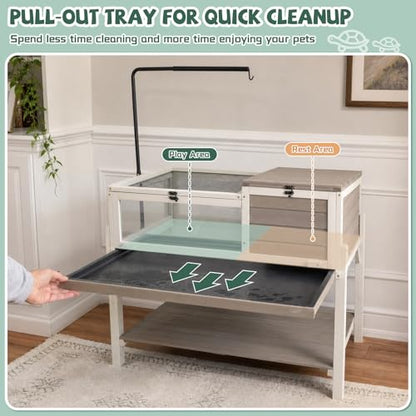 Large Tortoise Habitat with Adjustable Lamp Stand & Storage Shelf, Wooden Tortoise Enclosure with Viewing Window, Pull-Out Tray, 2-Room Reptile Turtle Enclosure House Indoor & Outdoor, Grey - size: 40.4"L x 23"W x 32"H