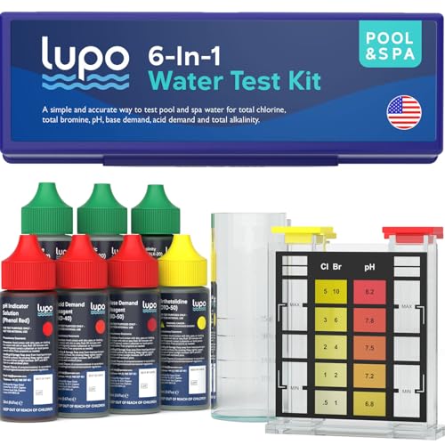 Lupo 6-in-1 Pool Test Kit | Pool Testing Kit for Residential Swimming Pools & Spas for Testing Total Chlorine, Total Bromine, pH, Base Demand, Acid Demand & Total Alkalinity Quick & Accurate Testing - size: 6-in-1 Complete Test Kit