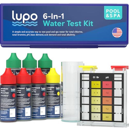 Lupo 6-in-1 Pool Test Kit | Pool Testing Kit for Residential Swimming Pools & Spas for Testing Total Chlorine, Total Bromine, pH, Base Demand, Acid Demand & Total Alkalinity Quick & Accurate Testing - size: 6-in-1 Complete Test Kit