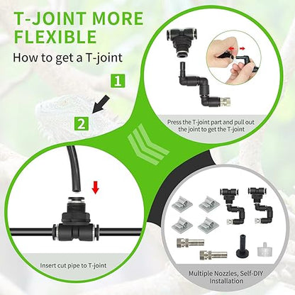 Misting Irrigation Kit Plant Watering System Fittings with 1/4 inch 1/2 inch Blank Distribution Tubing Hose Adjustable Nozzle Emitters Sprinkler Barbed Fittings Greenhouse