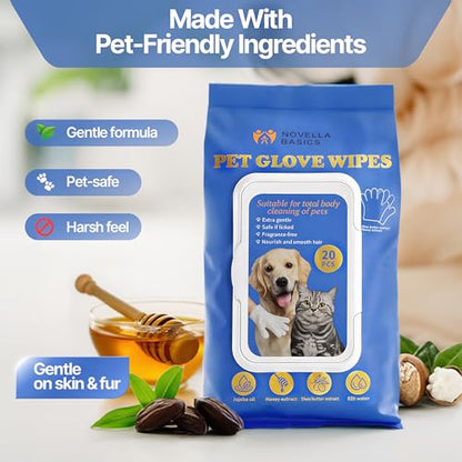 Pet Cleaning Glove Wipes for Dogs & Cats - Hypoallergenic Coconut Infused No-Rinse Dog Washing Gloves - Deodorizing Grooming Mitts - Puppy and Cat Cleaning Wipes - 20 Count